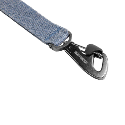 Close-up of the lockable Crux Clip on the Ruffwear Front Range Flex Lead showing anodised aluminium hardware