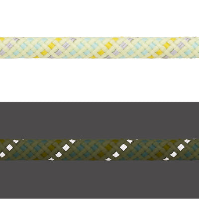 Close-up of Ruffwear Knot-a-Collar rope in Moss Green showing kernmantle weave and reflective thread, light and dark comparison