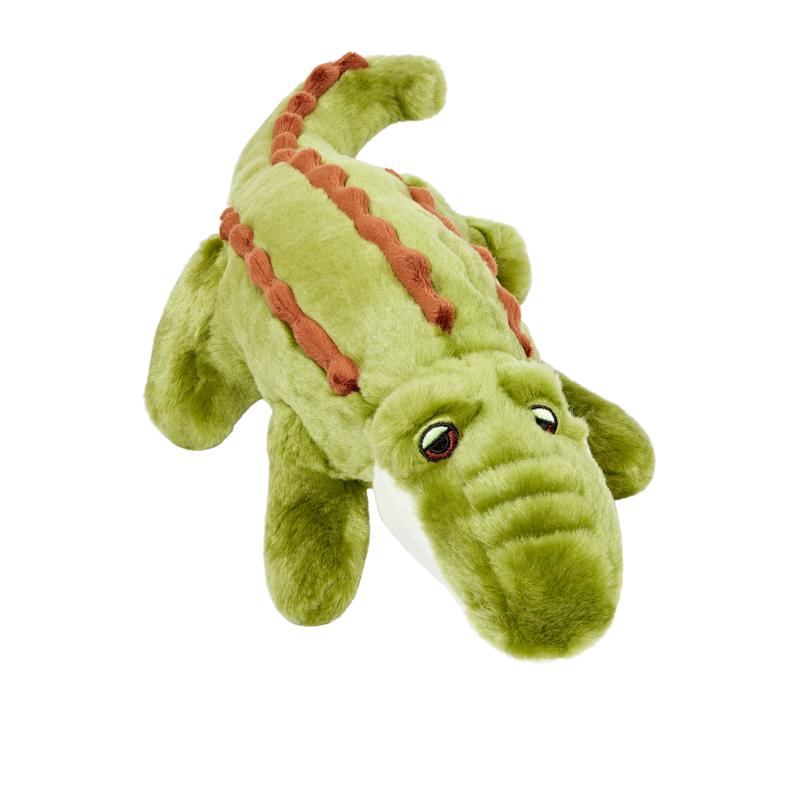 Fluff & Tuff Georgia Gator plush dog toy - green alligator with rust orange scale detail, cream belly and embroidered eyes, seen from above