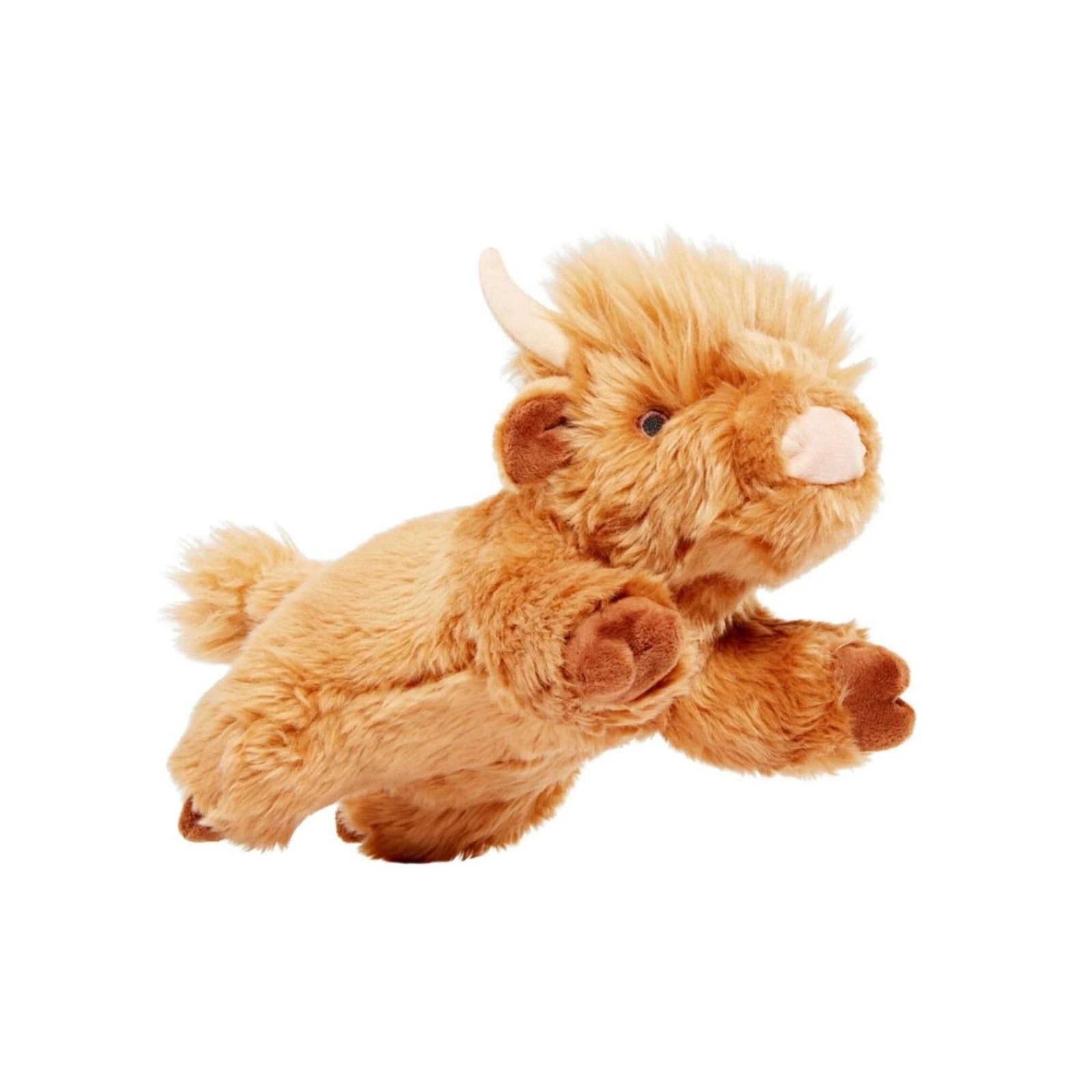 Fluff & Tuff Shaggy Highland Cow plush dog toy side view on white background