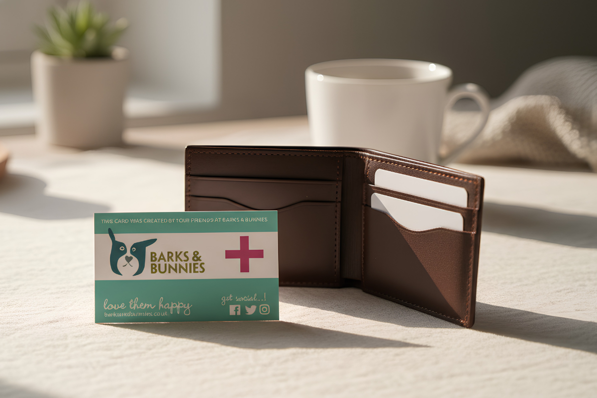 My Pets Are Home Card by Barks & Bunnies, shown in an open leather wallet on a wooden surface
