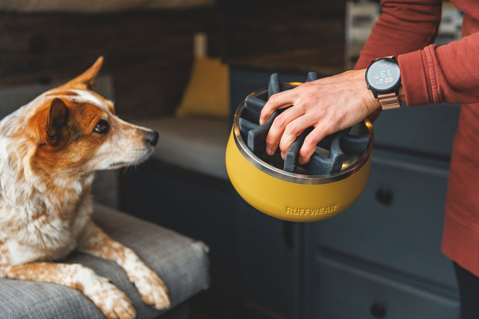 Person placing a Ruffwear Basecamp Slow Feeder Insert into a bowl for a dog