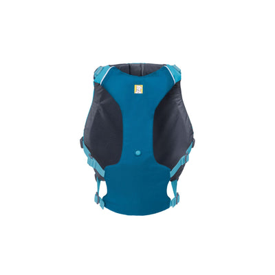 Ruffwear Confluence dog life jacket in Biolumin Blue, underside view on white, showing the belly panel construction and adjustment webbing.