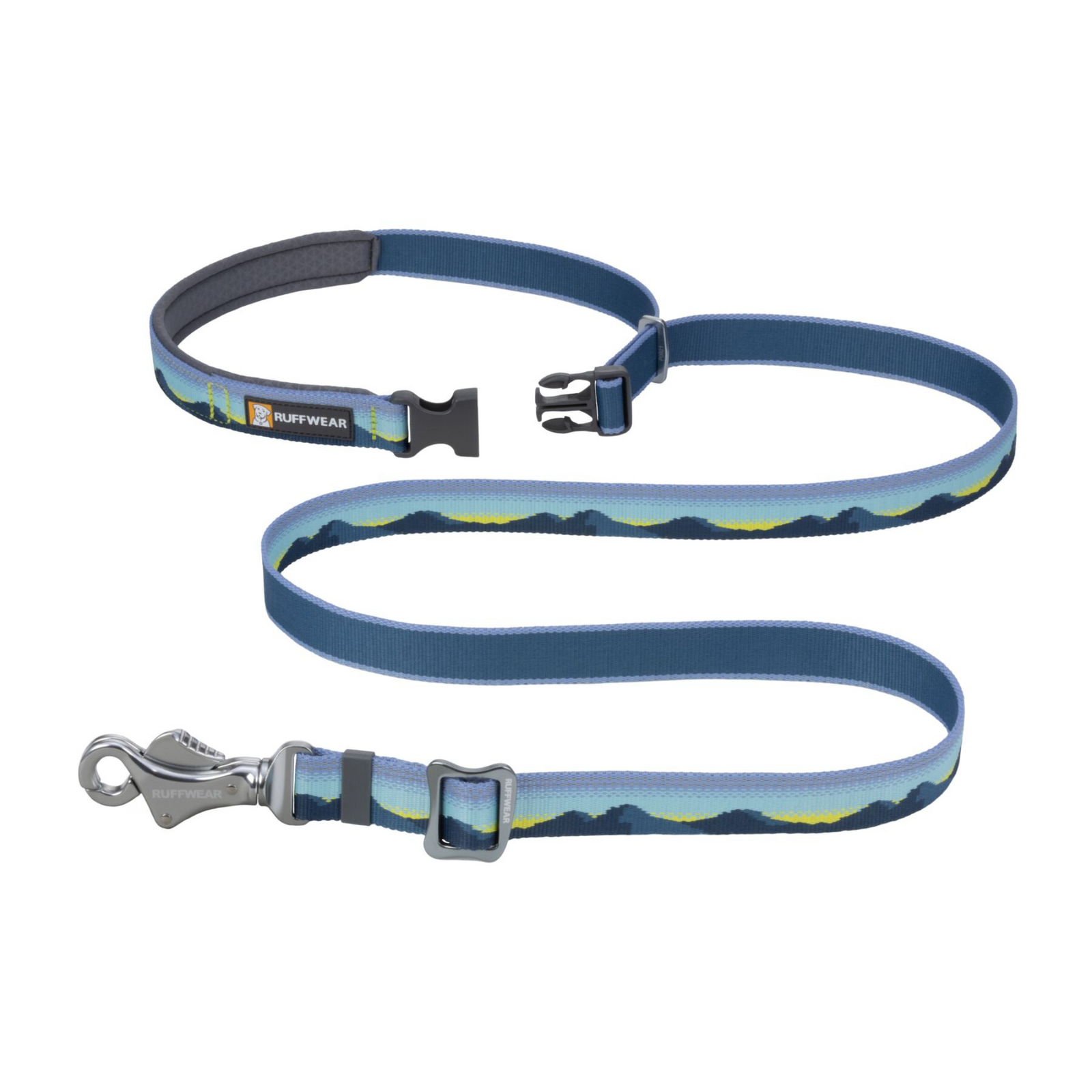 Ruffwear Crag Lead in Alpine Dawn with a blue, purple and yellow mountain design showing the reflective webbing and silver talon clip.