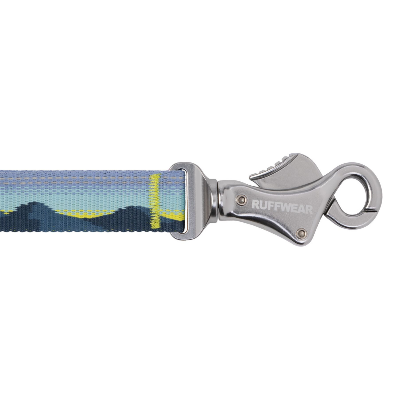 Ruffwear Crag Lead in Alpine Dawn with a blue, purple and yellow mountain design showing the reflective webbing and silver talon clip.