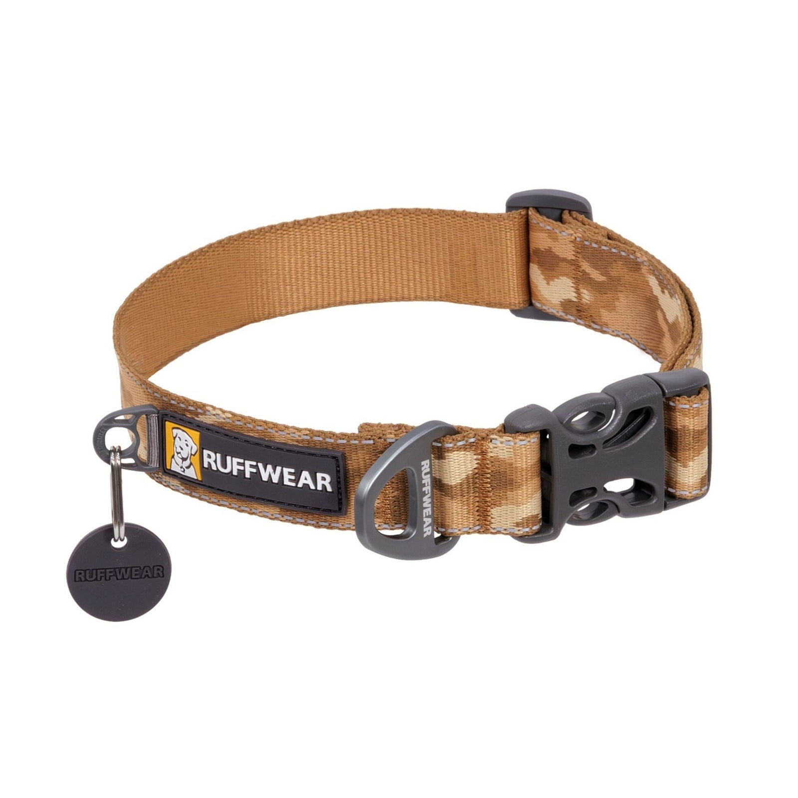 Ruffwear Crag Reflective Dog Collar in Desert Spice - warm tan geometric camo pattern with side-release buckle and integrated reflectivity - Barks & Bunnies, UK Ruffwear stockist