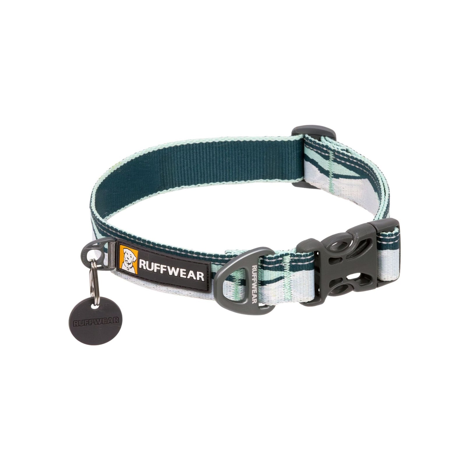 Ruffwear Crag Reflective Dog Collar in Northern Lights - pale blue and slate grey wave pattern with side-release buckle and integrated reflectivity - Barks & Bunnies, UK Ruffwear stockist