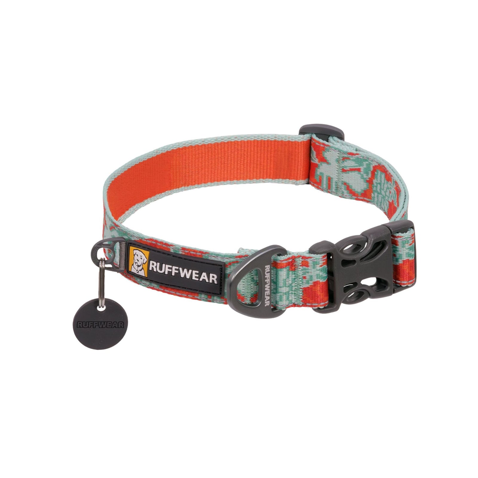 Ruffwear Crag Reflective Dog Collar in Tropical Bloom - sage green and burnt orange floral pattern with side-release buckle and integrated reflectivity - Barks & Bunnies, UK Ruffwear stockist