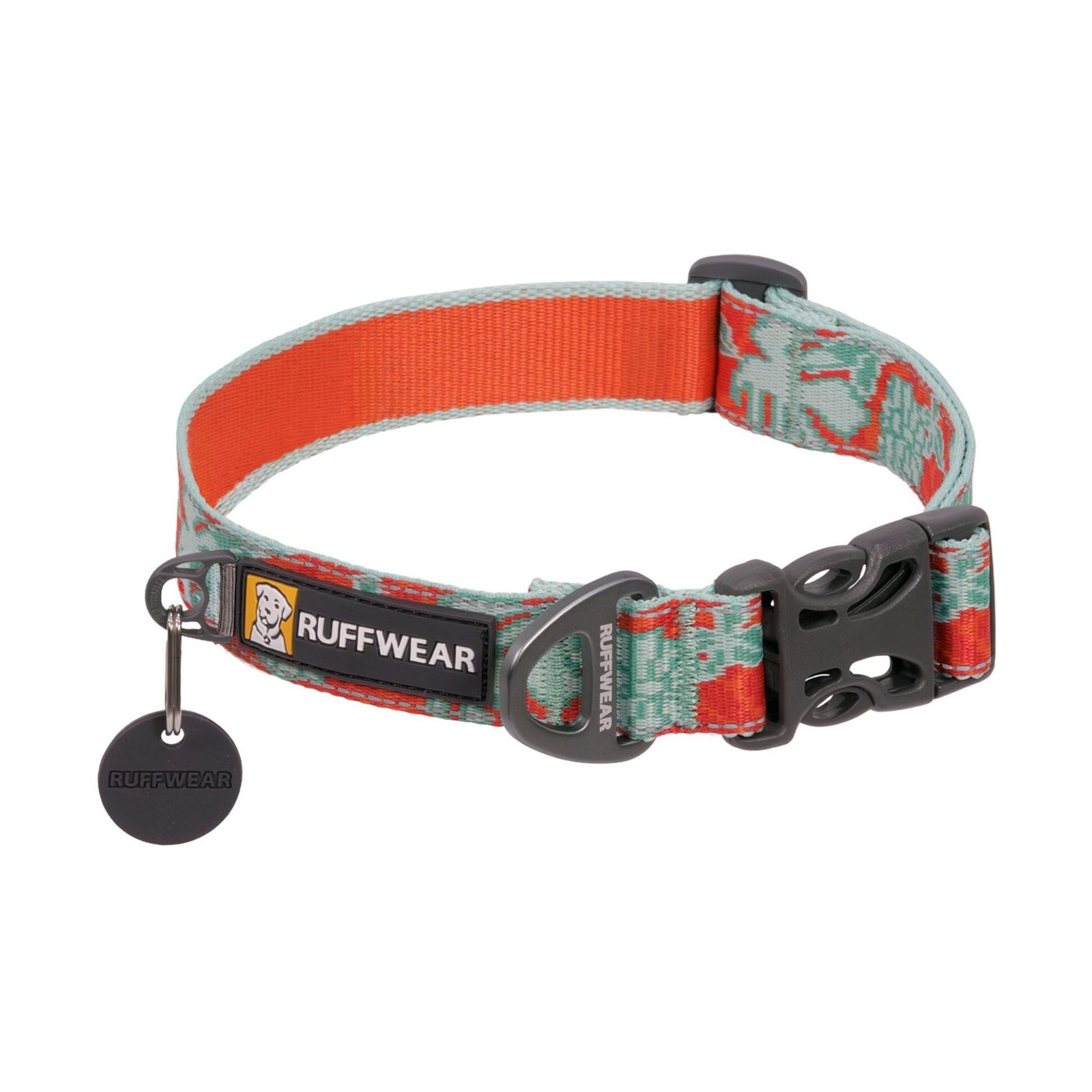 Ruffwear Crag Reflective Dog Collar in Tropical Bloom - sage green and burnt orange floral pattern with side-release buckle and integrated reflectivity - Barks & Bunnies, UK Ruffwear stockist