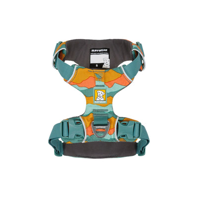 Ruffwear Front Range Harness in Spring Mountains shown from the top on a white background, displaying the foam-padded back panel, aluminium V-ring and ID pocket