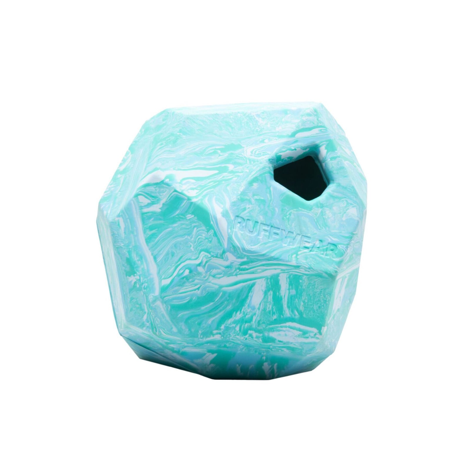 Ruffwear Gnawt-a-Rock dog fetch and puzzle toy in Glacial Blue on a white background, showing the faceted natural latex rubber surface and treat-dispensing opening