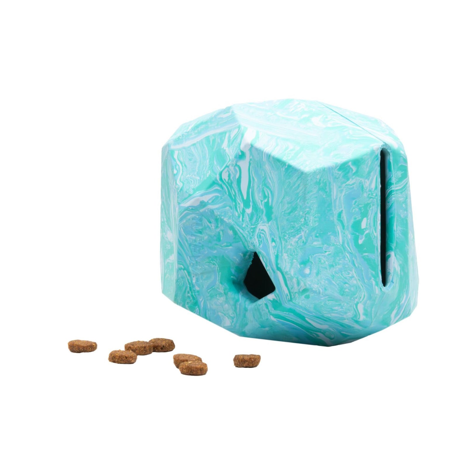 Ruffwear Gnawt-a-Rock dog puzzle feeder toy in Glacial Blue on a white background, with kibble pieces scattered in front showing the treat-dispensing slots
