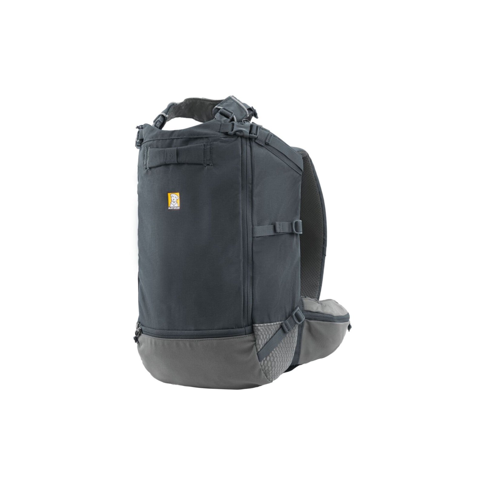 Ruffwear Hitch Hiker dog backpack carrier in Basalt Gray on a white background, shown from the side, displaying the grab handle, dual locking zippers, cinch straps, and air mesh side panels at the base