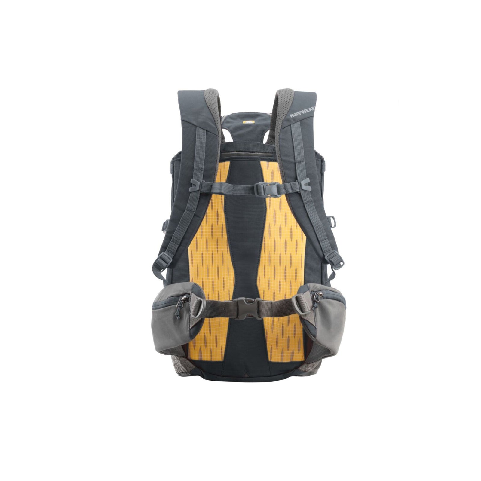 Ruffwear Hitch Hiker dog backpack carrier in Basalt Gray on a white background, shown from the rear, displaying the breathable back panel, padded shoulder straps, chest strap, and zippered hip belt pockets