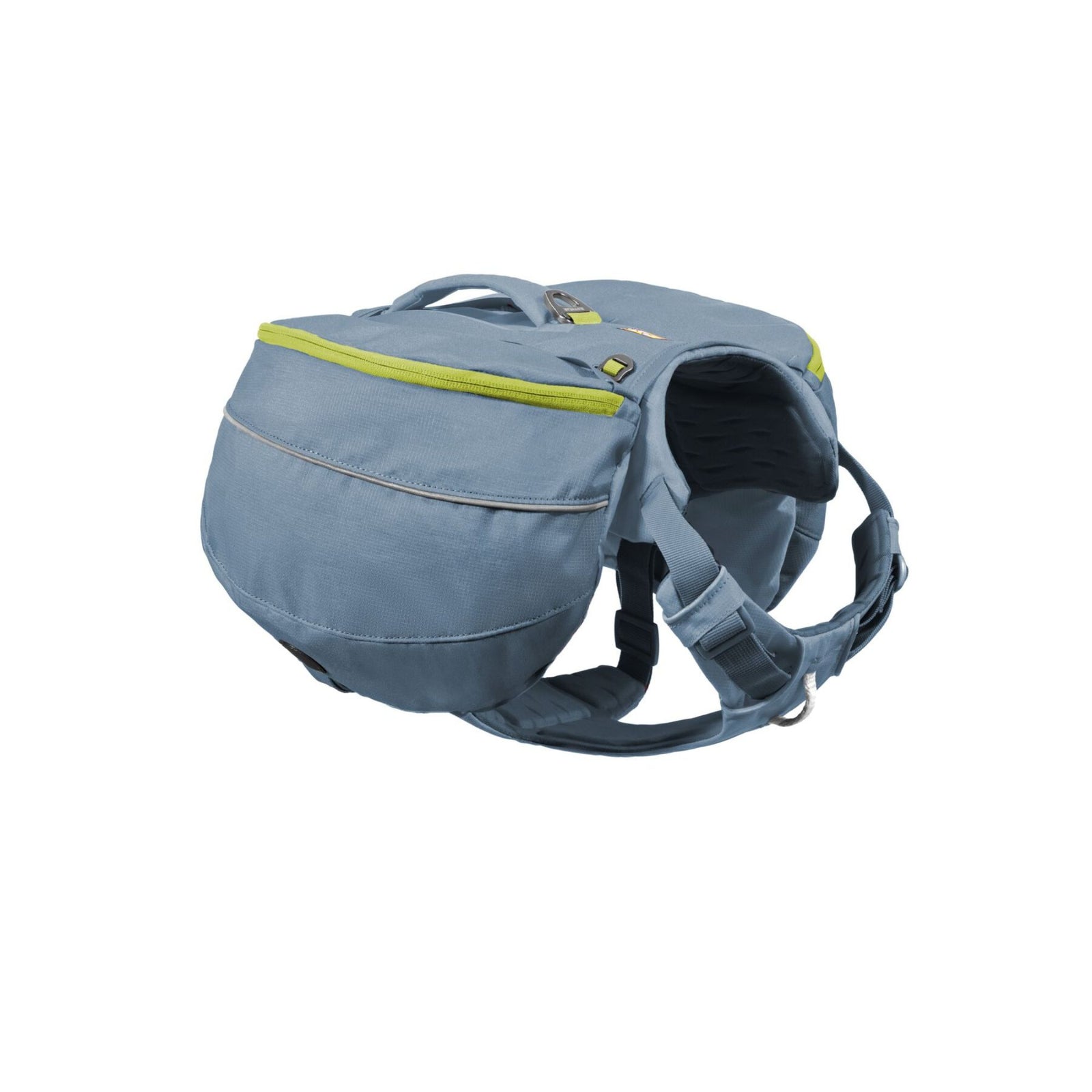 Ruffwear Palisades Pack dog backpack in Glacier Lake, three-quarter view showing full pack with radial cut saddlebags attached and handle visible at top