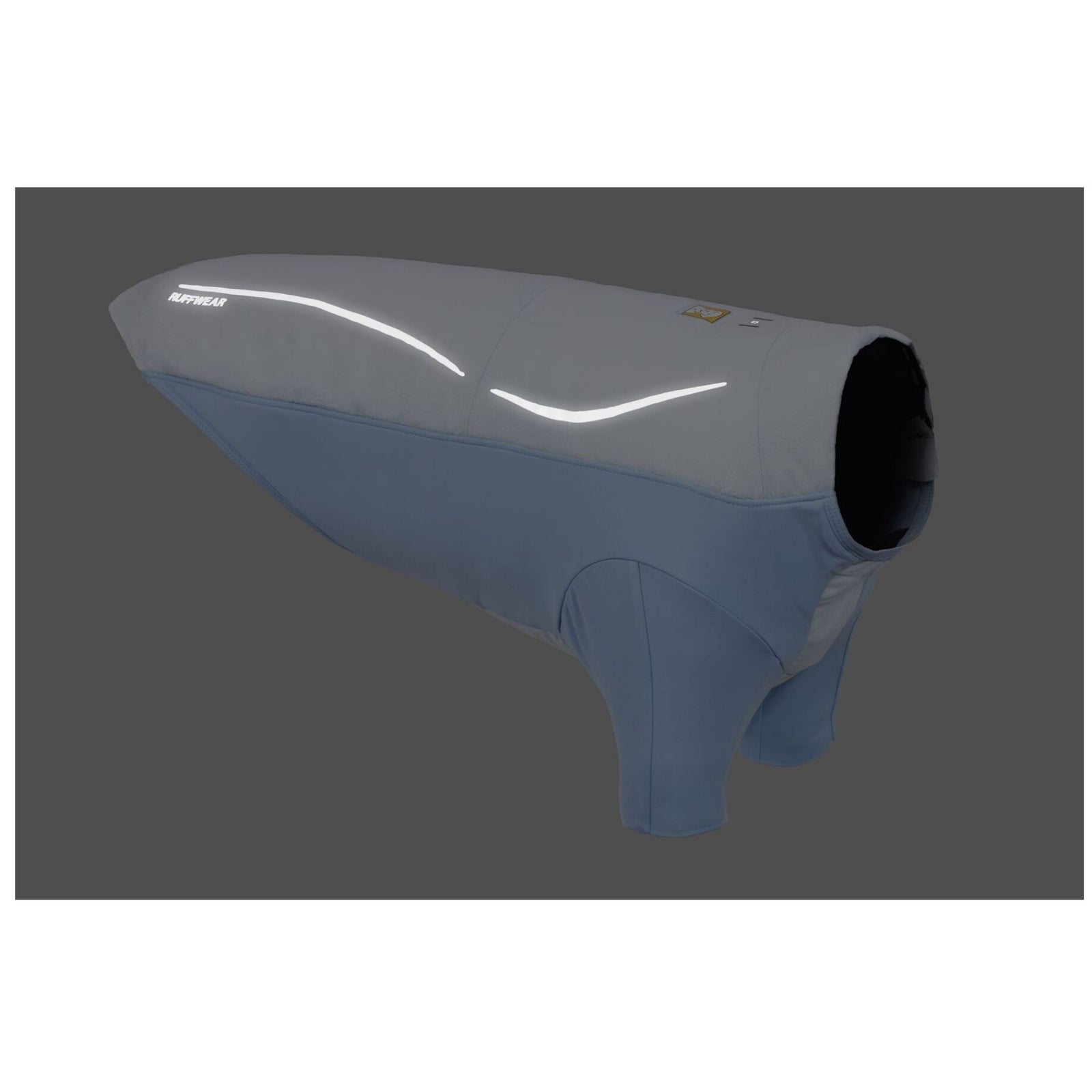 Ruffwear Powder Hound Waterproof Insulated Jacket in Polar Blue — dark studio shot highlighting the reflective strip across the back, visible in low light conditions.