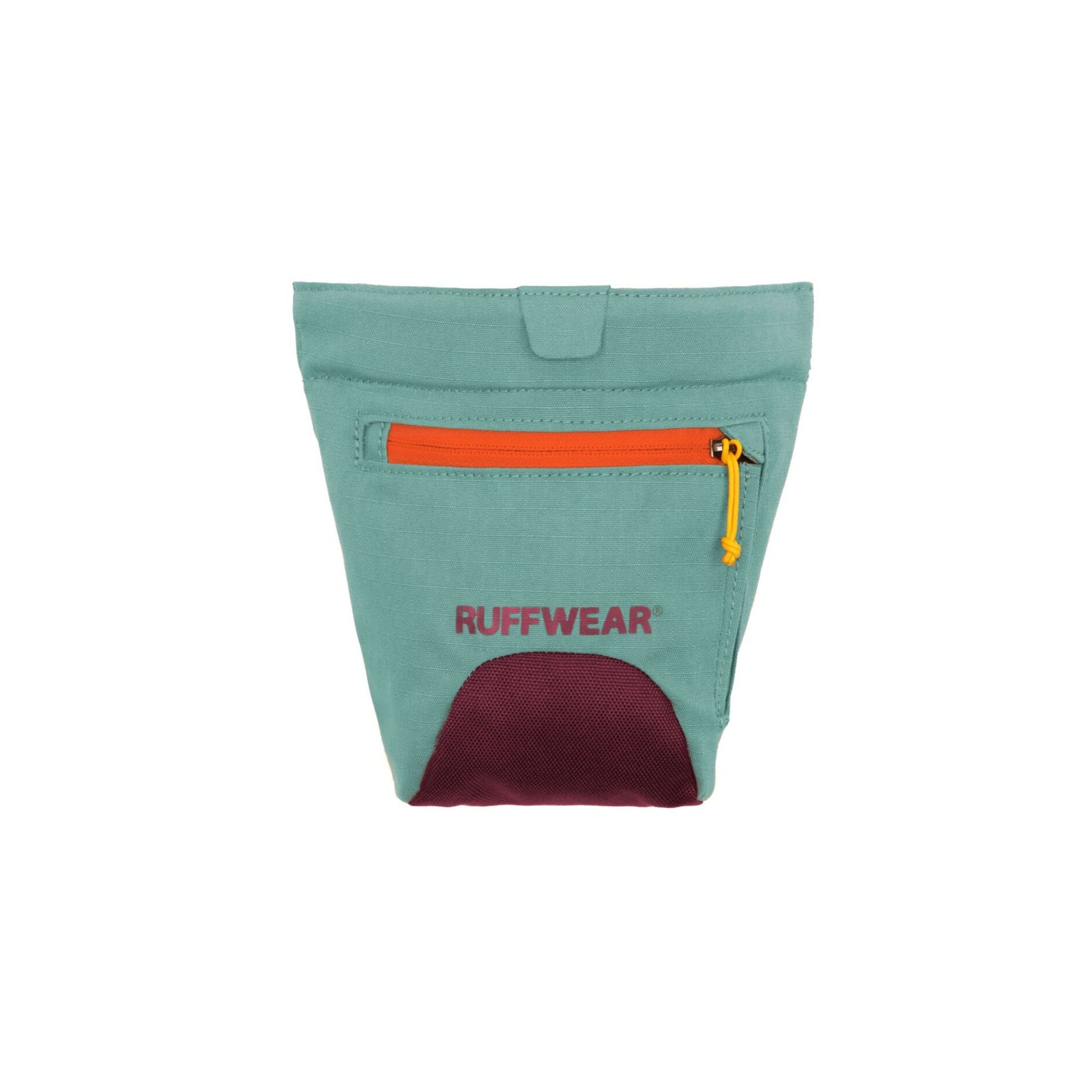 Ruffwear Treat Trader treat pouch in River Rock Green, front view on a white background showing the magnetic closure flap, zippered outer pocket, Ruffwear logo, and dark mesh treat access opening