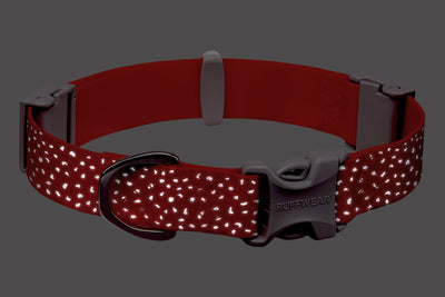 Ruffwear Confluence Collar in Red Sumac showing reflective dot pattern in low light