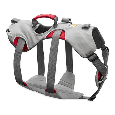 Ruffwear Doubleback full body dog harness in Cloudburst Gray, rear view showing padded belly support and leg loops