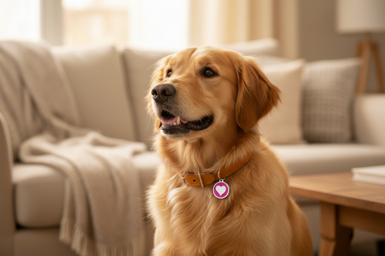 Golden retriever wearing a glittery pink Red Dingo heart dog ID tag on their collar, warm natural light, cosy beige home setting.