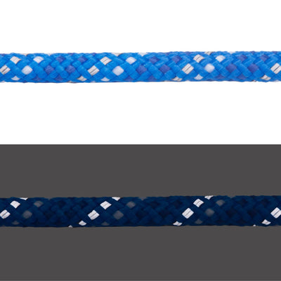 Close-up of Ruffwear Knot-a-Collar rope in Blue Pool showing kernmantle weave and reflective thread, light and dark comparison