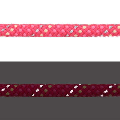 Close-up of Ruffwear Knot-a-Collar rope in Fireweed Pink showing kernmantle weave and reflective thread, light and dark comparison