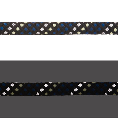 Close-up of Ruffwear Knot-a-Collar rope in Obsidian Black showing kernmantle weave and reflective thread, light and dark comparison