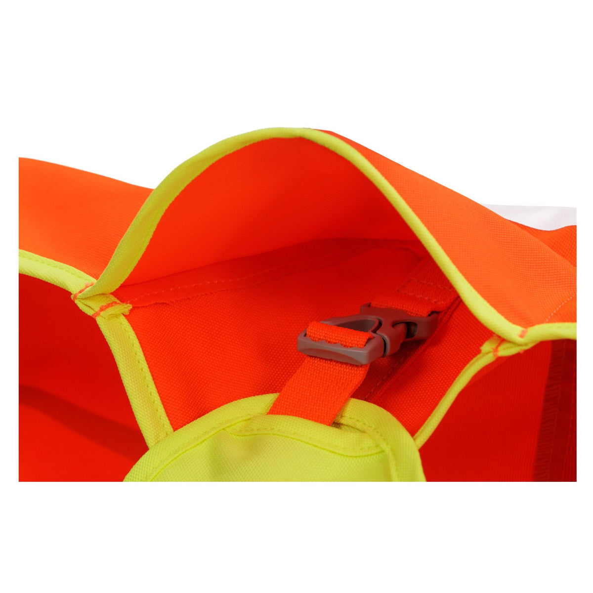 Close-up of Ruffwear Lumenglow High-Vis Vest in Blaze Orange side-release buckle and yellow strap - quick on and off high-vis dog vest