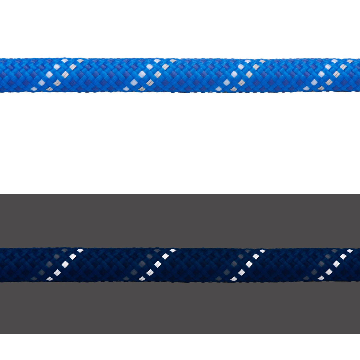 Close-up of the Ruffwear Knot-a-Long rope in Blue Pool showing the kernmantle weave in daylight (top) and reflective threads illuminated in low light (bottom)
