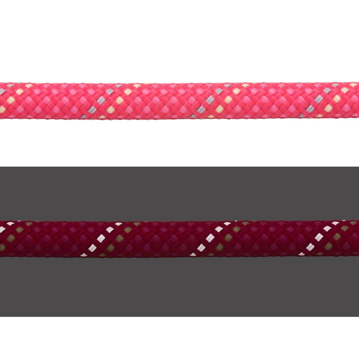 Close-up of the Ruffwear Knot-a-Long rope in Fireweed Pink showing the kernmantle weave in daylight (top) and reflective threads illuminated in low light (bottom)
