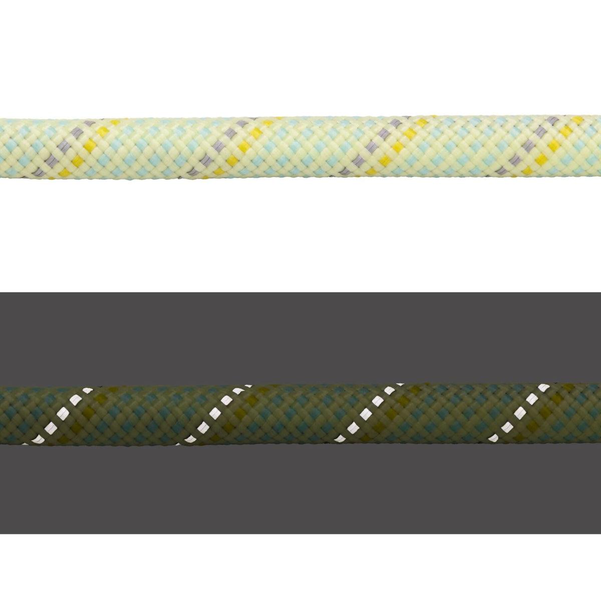 Close-up of the Ruffwear Knot-a-Long rope in Moss Green showing the kernmantle weave in daylight (top) and reflective threads illuminated in low light (bottom)