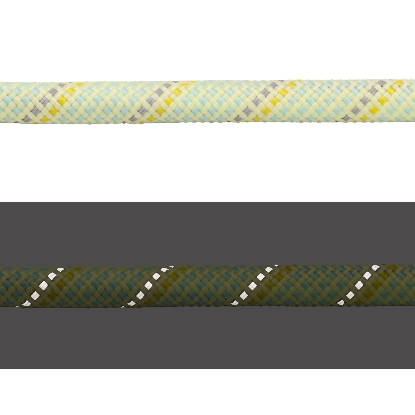 Close-up of the Ruffwear Knot-a-Long rope in Moss Green showing the kernmantle weave in daylight (top) and reflective threads illuminated in low light (bottom)
