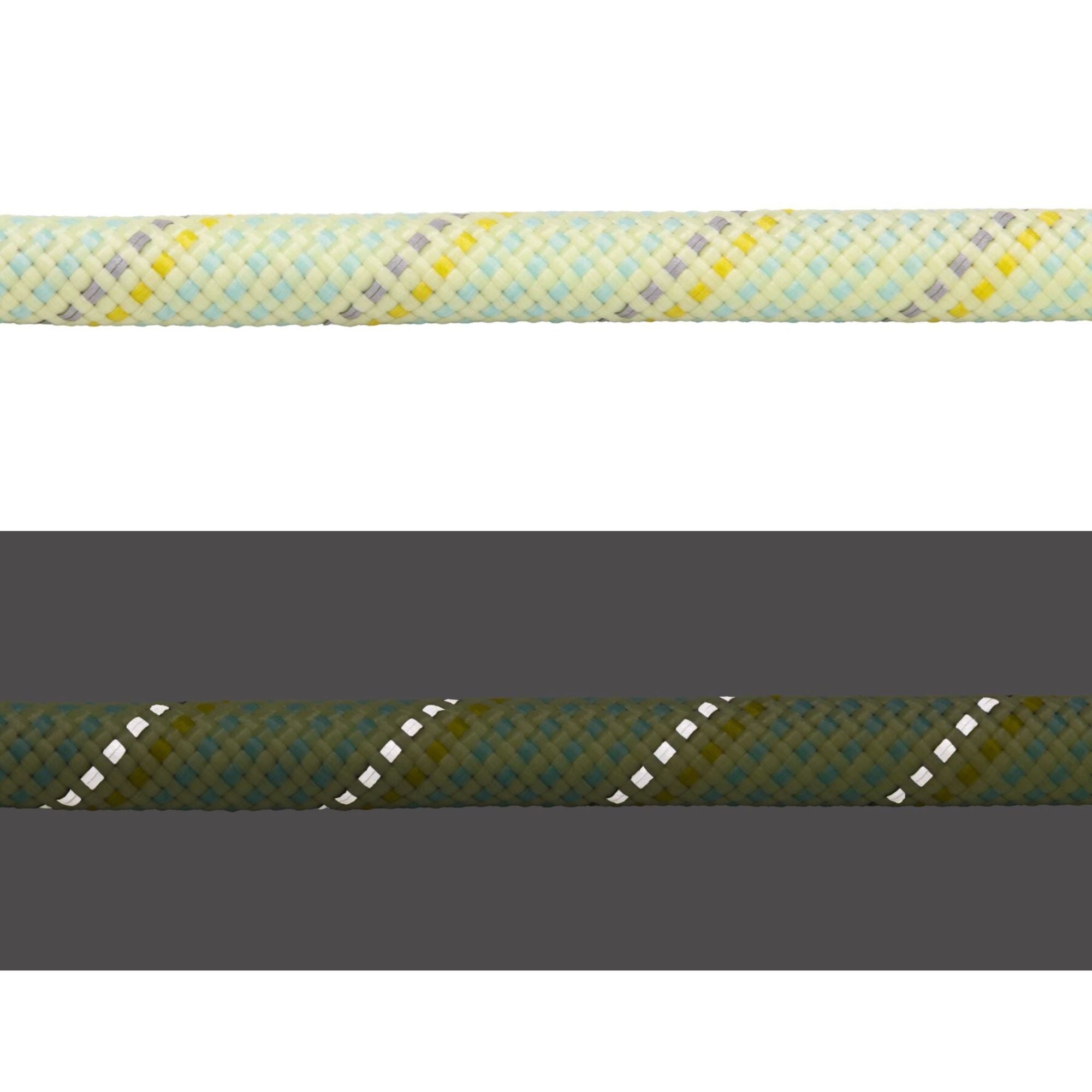 Close-up of the Ruffwear Knot-a-Long rope in Moss Green showing the kernmantle weave in daylight (top) and reflective threads illuminated in low light (bottom)