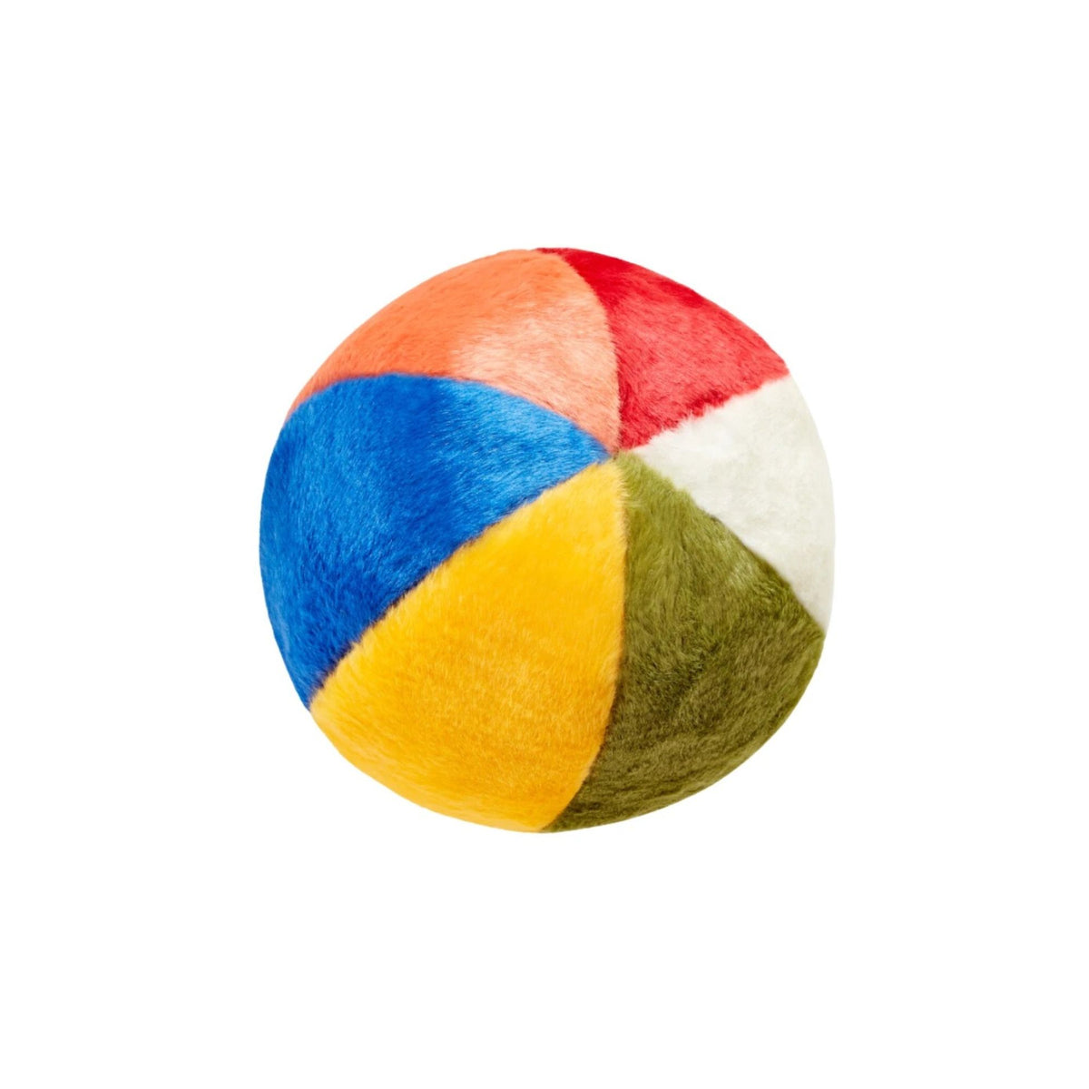 Fluff &amp; Tuff Beach Ball plush dog toy with blue, yellow, green, cream, red and orange panels.⠋