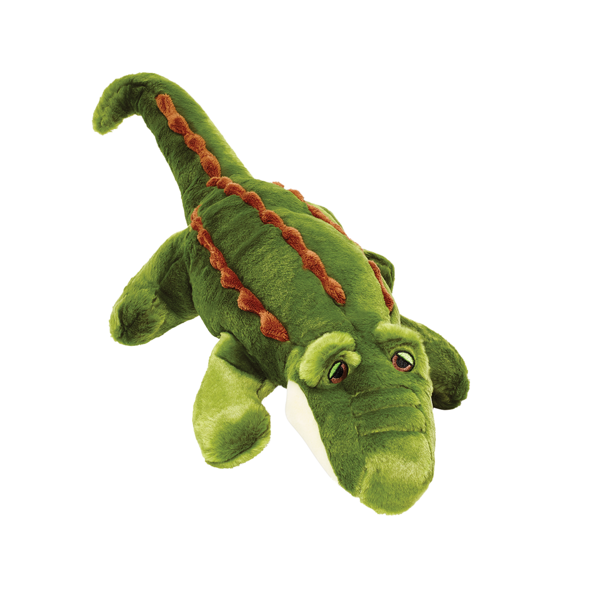 Fluff &amp; Tuff Big Daddy Gator plush dog toy - large green alligator with rust orange scales, cream belly and detailed embroidered eyes