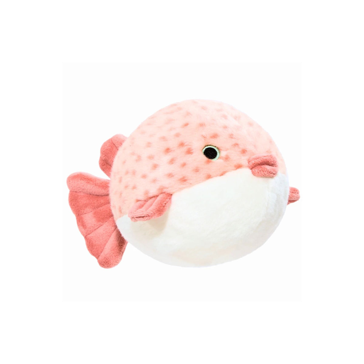 Fluff &amp; Tuff Dottie Puffer Fish plush dog toy with a round, pale pink spotted body, white belly, pink fins and tail, and embroidered eyes.