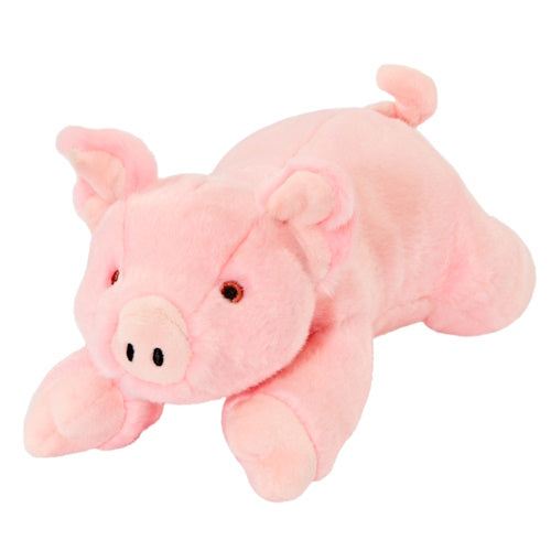 Fluff &amp; Tuff Petey Pig pink luxury plush dog toy lying down on white background"