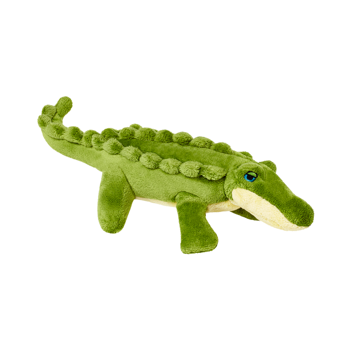 Fluff &amp; Tuff Savannah Baby Gator plush dog toy - green alligator with bobble scales, cream belly and teal embroidered eyes