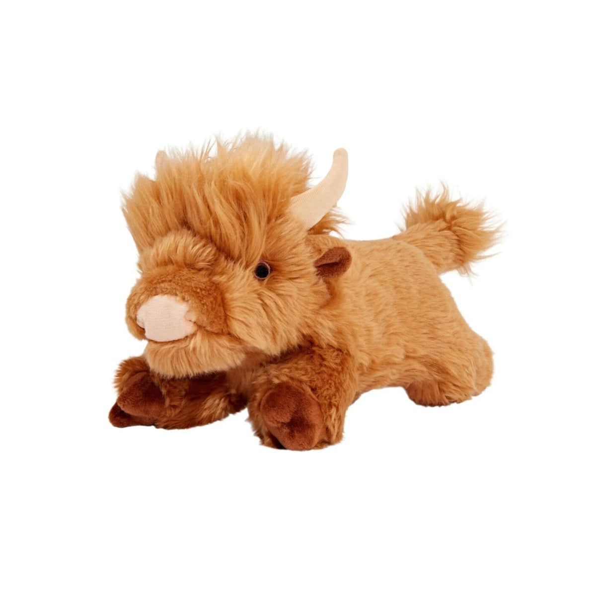 Fluff &amp; Tuff Shaggy Highland Cow plush dog toy on white background