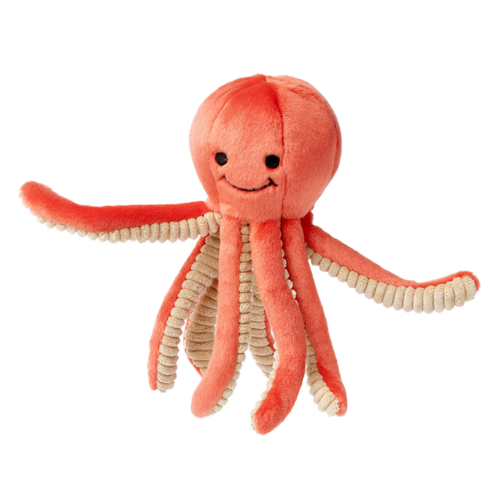 Fluff & Tuff Squirt Octopus coral plush dog toy on white background"