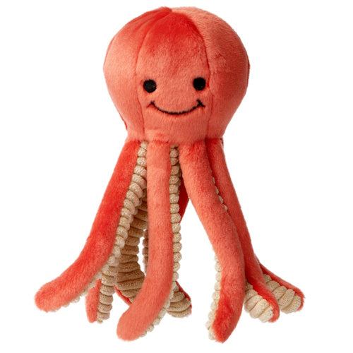 Fluff & Tuff Squirt Octopus coral plush dog toy on white background"