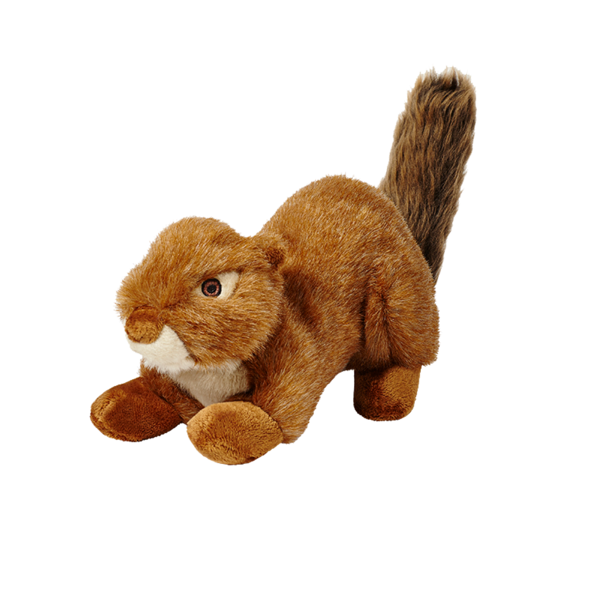 Fluff and Tuff Red Squirrel Hush Plush dog toy with no squeaker with fluffy brown tail on white background
