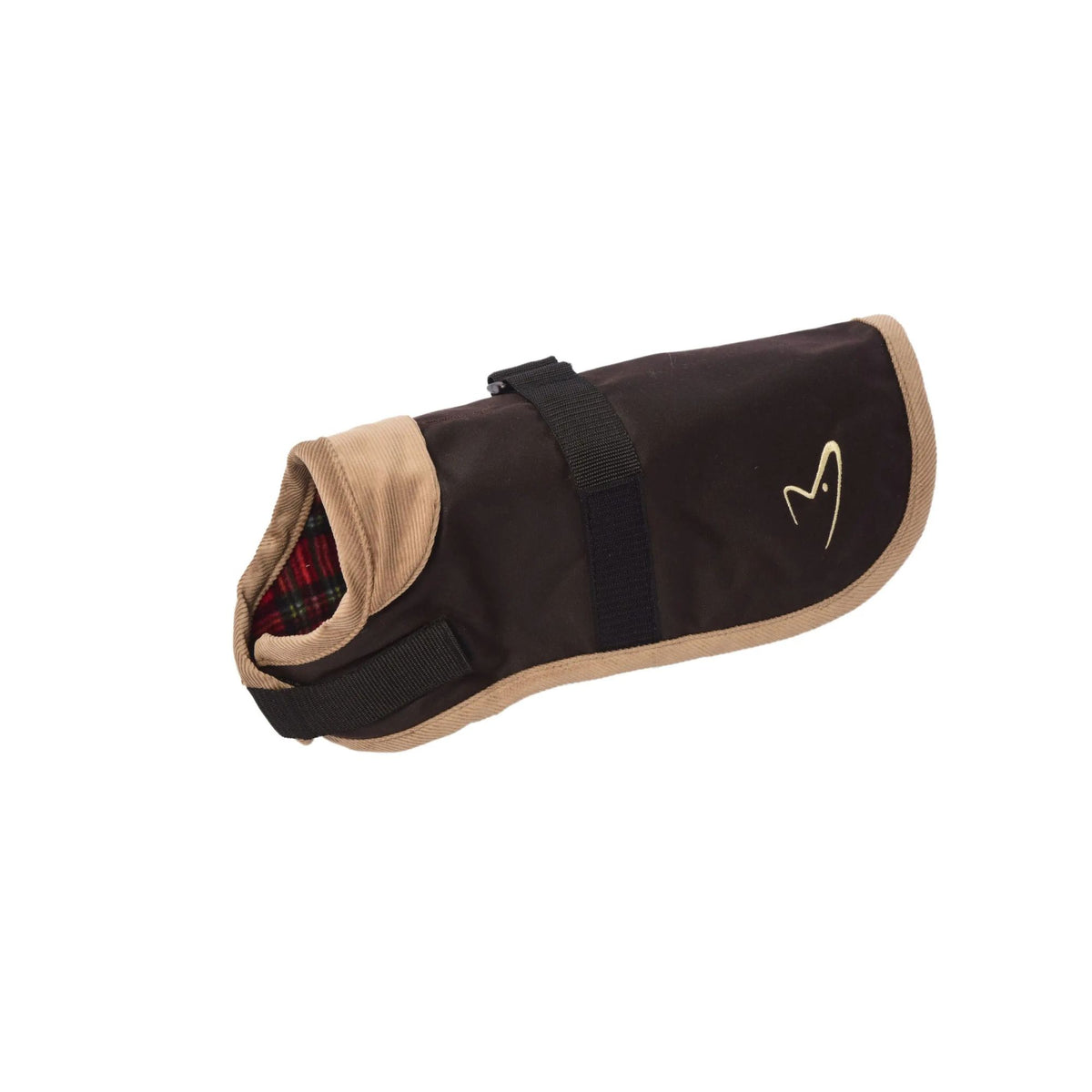 Gor Pets Edinburgh Wax Coat in brown on a white background - a waxed waterproof dog coat with warm tartan trim and lining detail, velcro chest fastening, and a harness access point on the back.