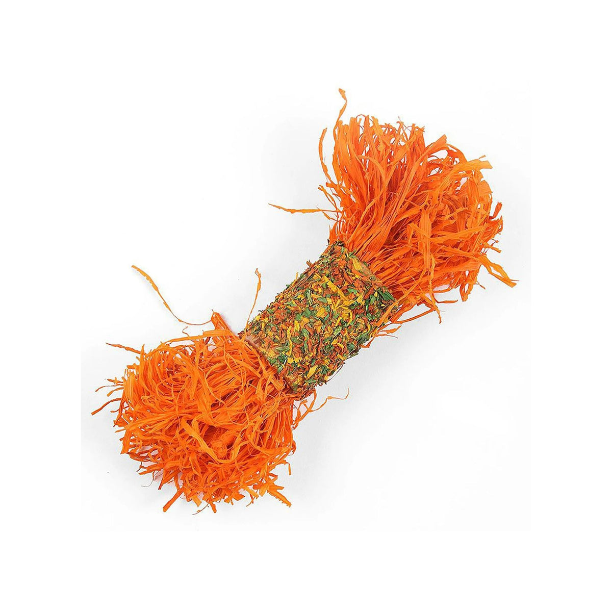 Happy Pet Products Critter's Choice Shreddy Roller natural corn leaf chew toy for rabbits, guinea pigs and hamsters, dumbbell shaped with orange shredded corn leaf