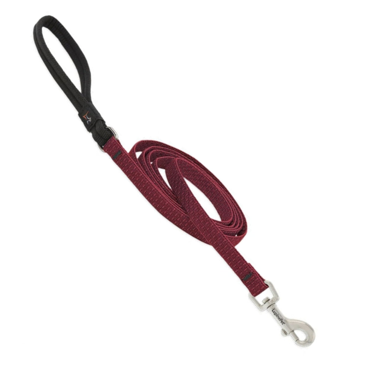 Lupine Eco lead in Berry on a white background - deep burgundy/berry webbing coiled neatly, black padded handle, and a silver trigger snap clip. 