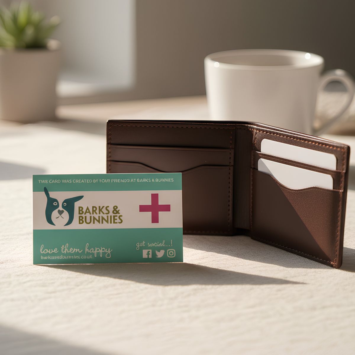 My Pets Are Home Card by Barks &amp; Bunnies, shown in an open leather wallet on a wooden surface