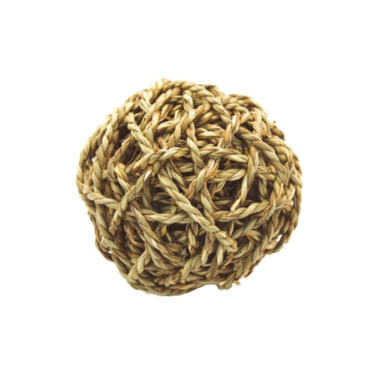 Happy Pet Products Nature First Grassy Ball on a white background - a tightly woven sphere of natural dried grass, showing the open weave texture and warm golden-green tones throughout.