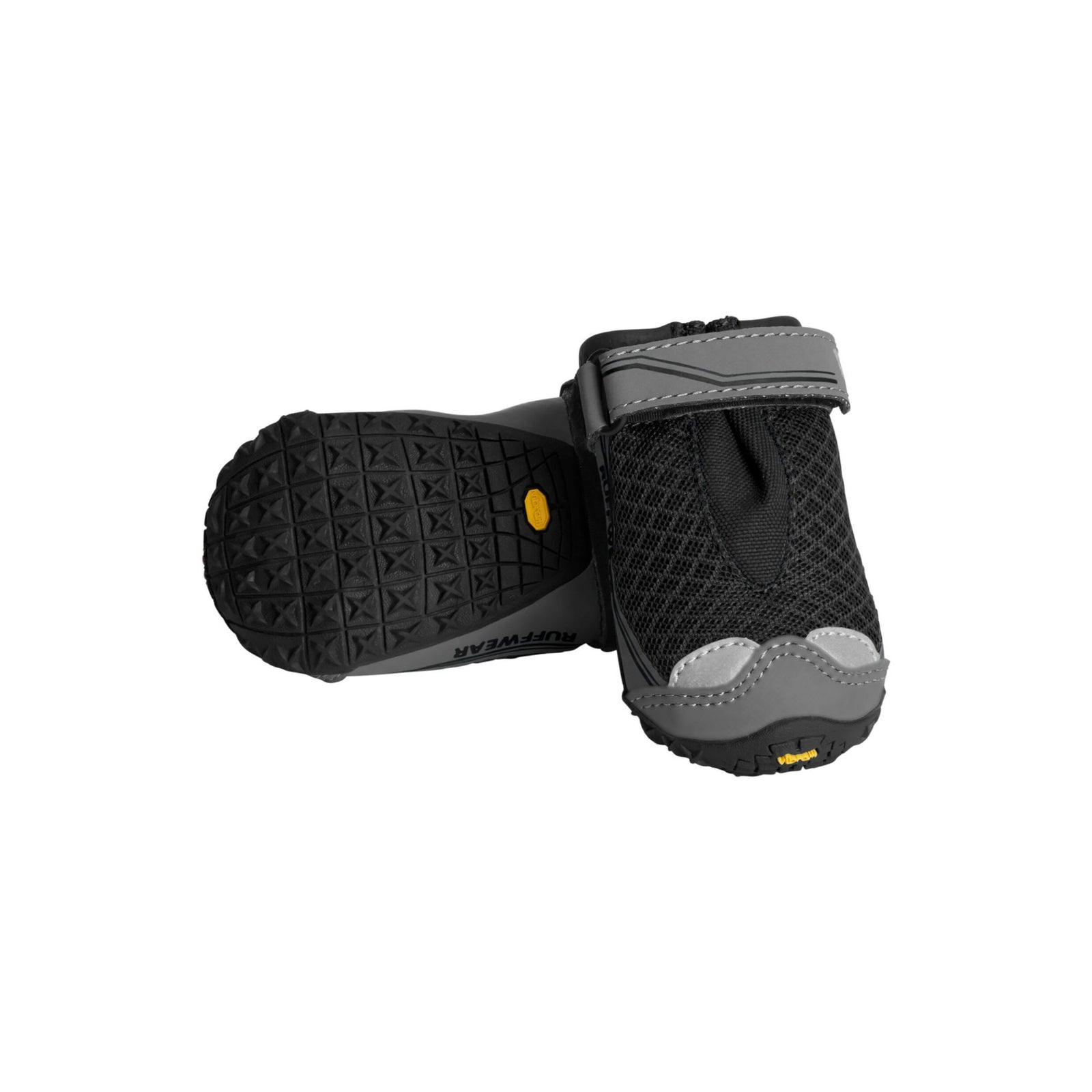 Pair of Ruffwear Grip Trex dog boots in Red Sumac, one showing the textured Vibram sole and one upright showing the mesh upper, velcro strap, and toe bumper, on white background.