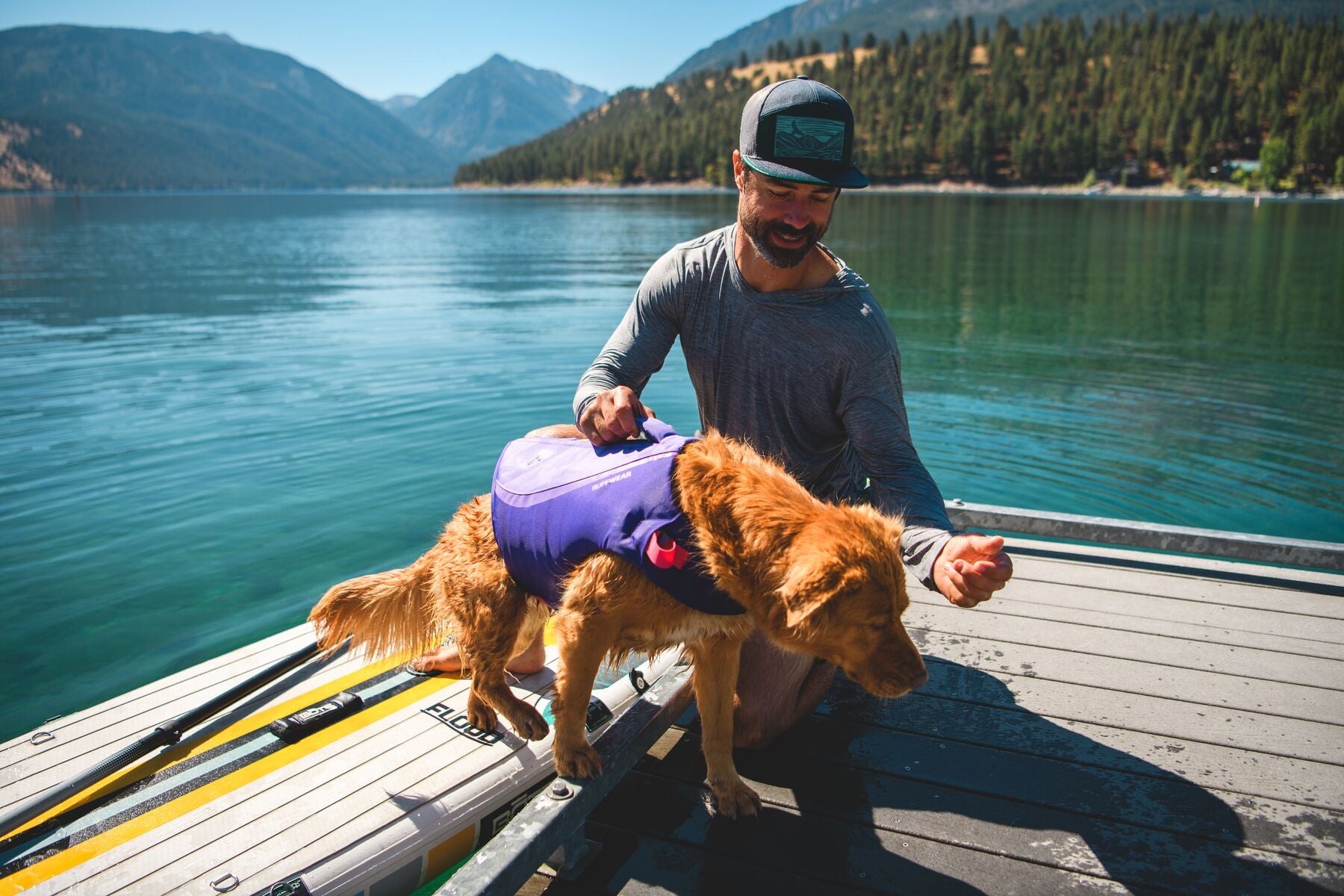 Person lifting a golden retriever wearing the Ruffwear Float Coat in Purple Lily by the handle, on a dock by a mountain lake.