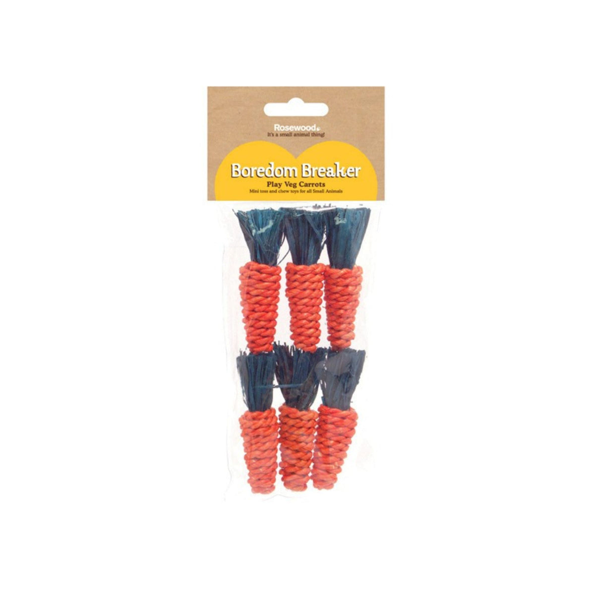 Rosewood Boredom Breaker Mini Sisal Carrots in their packaging, with six orange carrot-shaped toys with dark green tops arranged in two rows of three.
